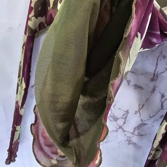 Vintage 90s Y2K Shirt Women Small Green Mesh Lettuce Hem Sheer Floral Rose - Picture 8 of 13